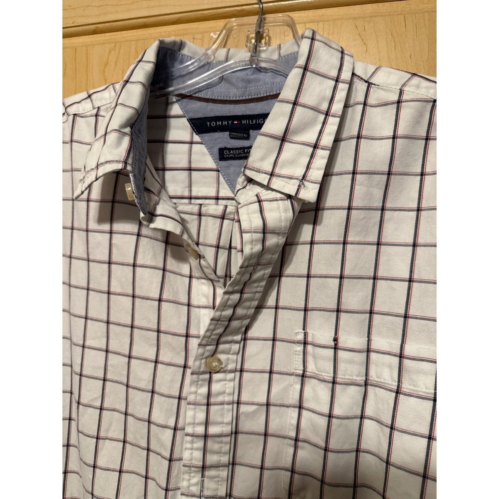 Tommy Hilfiger Classic‎ Fit Button Up Shirt Men's Large White Plaid Casual